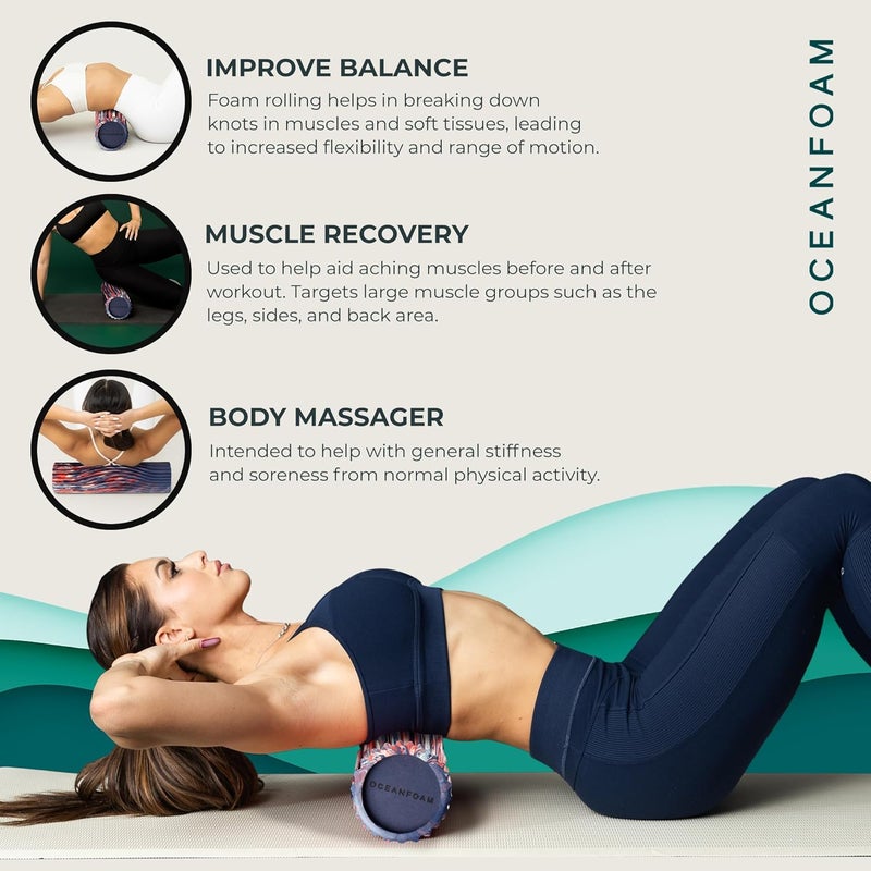 Oceanfoam Tidal Roller - Red, Dark Navy & Natural Marbled - Muscle Massage Foam Roller for Back Pain & Stretching - Firm & Ergonomic Wide Wave Textured - Yoga, Athletics, Wellness - Full Size 20" x 5" - Image 5